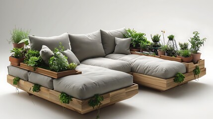 A modular sofa with built in planters and greenery, bringing nature indoors and adding a touch of freshness and vitality to a contemporary living space