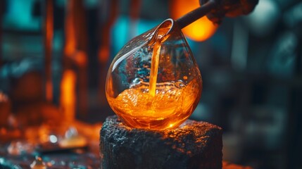 Glass blower forming beautiful piece of glass. Glass crafter is burning and blowing an art piece.
