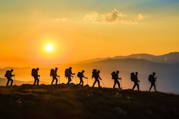 a mountain Group of hikers walks at sunset sunrise, people help each other hike up a mountain - obrazy, fototapety, plakaty