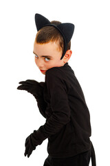 Fototapeta premium Boy dressed as a black cat, different emotions. Isolate. Purim, Halloween