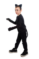 Boy dressed as a black cat, different emotions. Isolate. Purim, Halloween