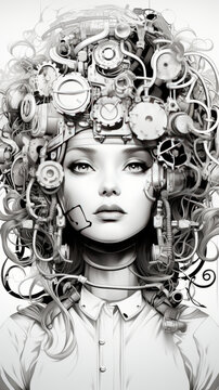 Surreal Portrait of a Woman with Clockwork Hair Design

