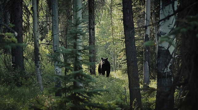 Black Bear Roaming in Lush Green Forest