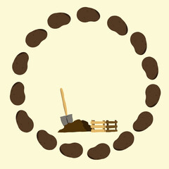 Circled (rounded) frame, made of potatoes. Also, composition of shovel, soil and box to place potatoes. Calm backdrop.