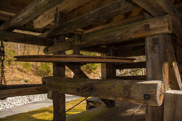 Steering wheel on Golobar Telpher Line, an historic lumber cable car in Slovenia.A forest cableway...