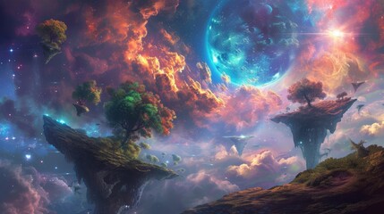 Vibrant floating islands with lush, colorful trees defy gravity in an otherworldly cosmic space, creating a scene from a fantastical dream. Resplendent.