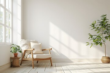 Interior of a bright living room with armchair on empty white wall background.