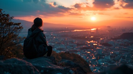 Solitary figure overlooking a cityscape at sunset