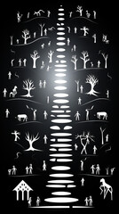 Symmetrical Black and White Evolutionary Tree of Life Illustration

