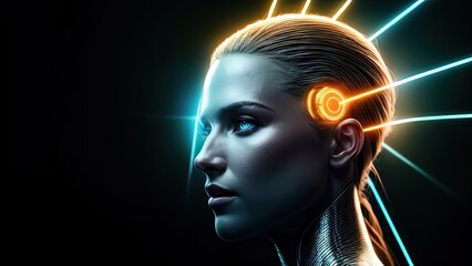 Digital human head logo concept illustration. Creative idea. Learning chip sign. Innovation technology symbol. Modern communication. Technology Meets Human Body Brain Generative AI Chip Generative AI