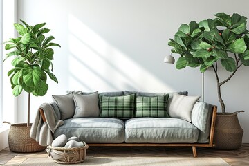 Living room interior with gray velvet sofa, pillows, green plaid, lamp and fiddle leaf tree in wicker basket on white wall background. 3D rendering - obrazy, fototapety, plakaty