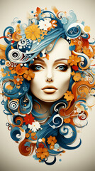Abstract Woman Portrait with Floral and Swirl Elements

