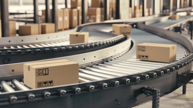 Mass Production Concept, Packages on Conveyor in Warehouse