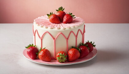 Elegant Strawberry Cream Cake Decorated With Fresh Strawberries and Candles on a Plate.