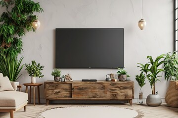 Mockup a TV wall mounted with decoration in living room and white wall.