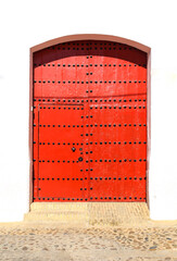 Red door with trim ornaments and forged metal details