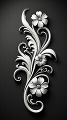 Elegant Silver Floral Ornament on Black Background

