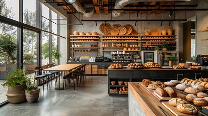 Artisanal bakery themed office with cafe seating and freshly baked goods, large, scale workplace design - Powered by Adobe