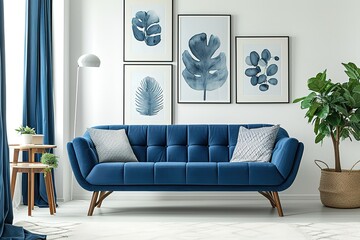 Modern interior with blue sofa, curtains. Armchair and table. Posters on white wall. Wooden accessories. Home decor.