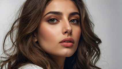 Naklejka premium Close up portrait of a beautiful woman with glowing face. Beauty product commercial photo, glamorous portrait, Generative AI