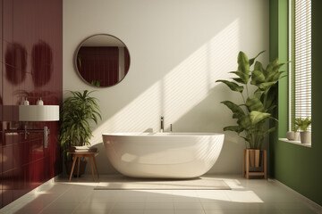 Fototapeta na wymiar Full of sun light white minimalistic bathroom, green and burgundy interior elements