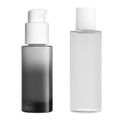 Cosmetic toner bottle. Clear skin face lotion mock up. Realistic serum moisturizer essence jar. Transparent airless pump bottle for foundation cream or lotion