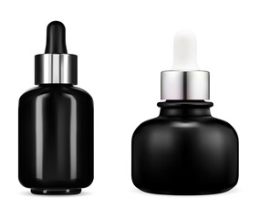 Black glass cosmetic oil dropper bottle. Serum bottle mockup. Realistic medical packaging with pipette for label. Premium realistic essential oil flask, clear apothecary package
