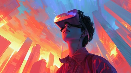 A person is immersed in a virtual cityscape, awash with the vibrant colors of a digital dawn.