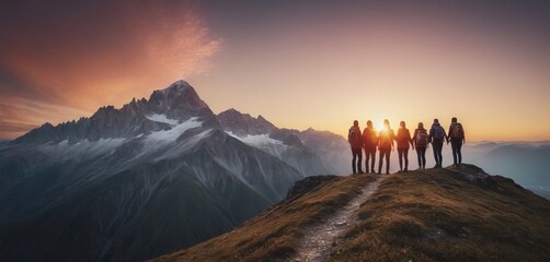 Panoramic view of team of people holding hands and helping each other reach the mountain top in spectacular mountain sunset landscape - 740969805