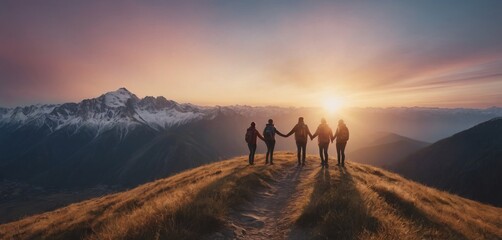 Panoramic view of team of people holding hands and helping each other reach the mountain top in spectacular mountain sunset landscape - 740969834