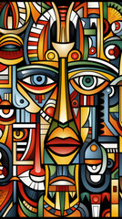 Colorful Abstract Cubist Painting of Human Faces

