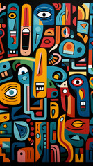 Colorful Abstract Cubist Painting of totemic patterns

