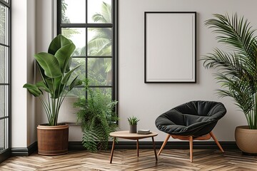 Modern living room with chair and table, Frame mockup - obrazy, fototapety, plakaty