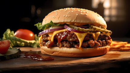 Rustic burger with juicy fried steak and topped with melted cheese