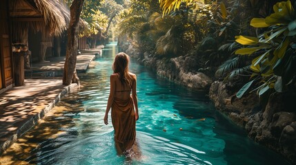 Tranquil tropical pool setting with a woman enjoying the water