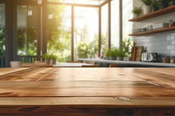 Fototapeta premium Empty wooden table top with a defocused modern kitchen interior background, ideal for product display and design mockups.