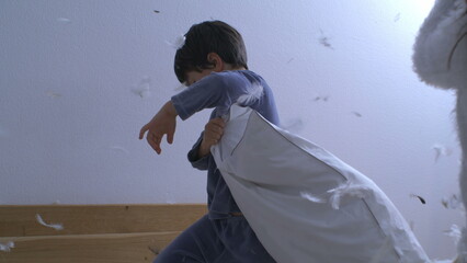 Little brother defending himself in the midst of a pillow fight against sister with feathers flying...