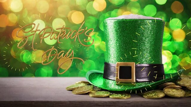 Happy St Patrick's Day 4K Video with Leprechaun Hat, gold coins and bokeh background. 