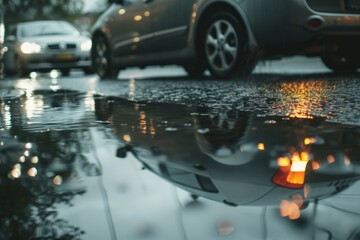 Reflection of a Car in a Puddle of Water