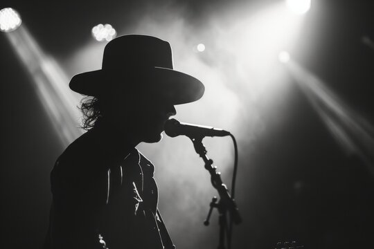 Man in Hat Singing Into Microphone - Black and White Photo