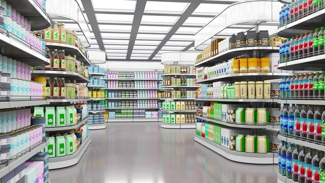 Grocery store interior with shelves of goods. 3d animation