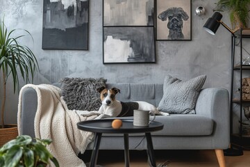 Stylish and scandinavian living room interior of modern apartment with gray sofa, design wooden commode, black table, lamp, abstrac paintings on the wall. Beautiful dog lying on the couch. Home decor