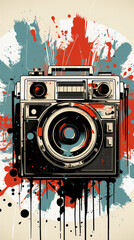 Retro Camera Artwork with Abstract Paint Splatters

