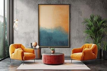 Fototapeta premium Stylish living room interior with armchairs and art decoration, mockup frame