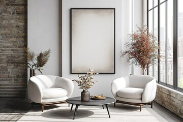 Fototapeta premium Stylish living room interior with armchairs and art decoration, mockup frame