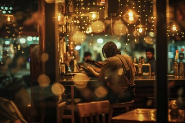 Fototapeta na wymiar Man Sitting at Bar Playing Guitar