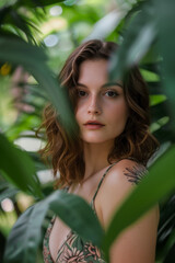 Fototapeta premium Bohemian Queen, Enchanting Eyes, Earthy Beauty in Lush Garden