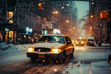 Taxi Cab Driving Down a Snow Covered Street
