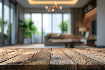 Wood table with blurred modern apartment interior background, Empty wooden tabletop with blurred living room background - obrazy, fototapety, plakaty