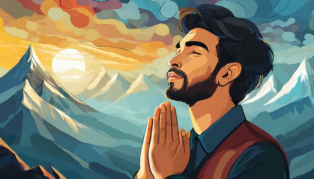 Homem orando em meio a natureza